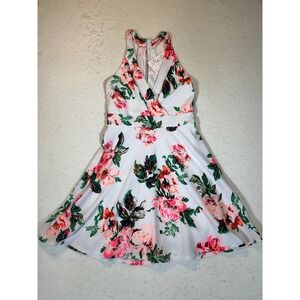 Pink Lily Boutique Floral Fit and Flare Dress White Pink V-Neck Mini Racerback S